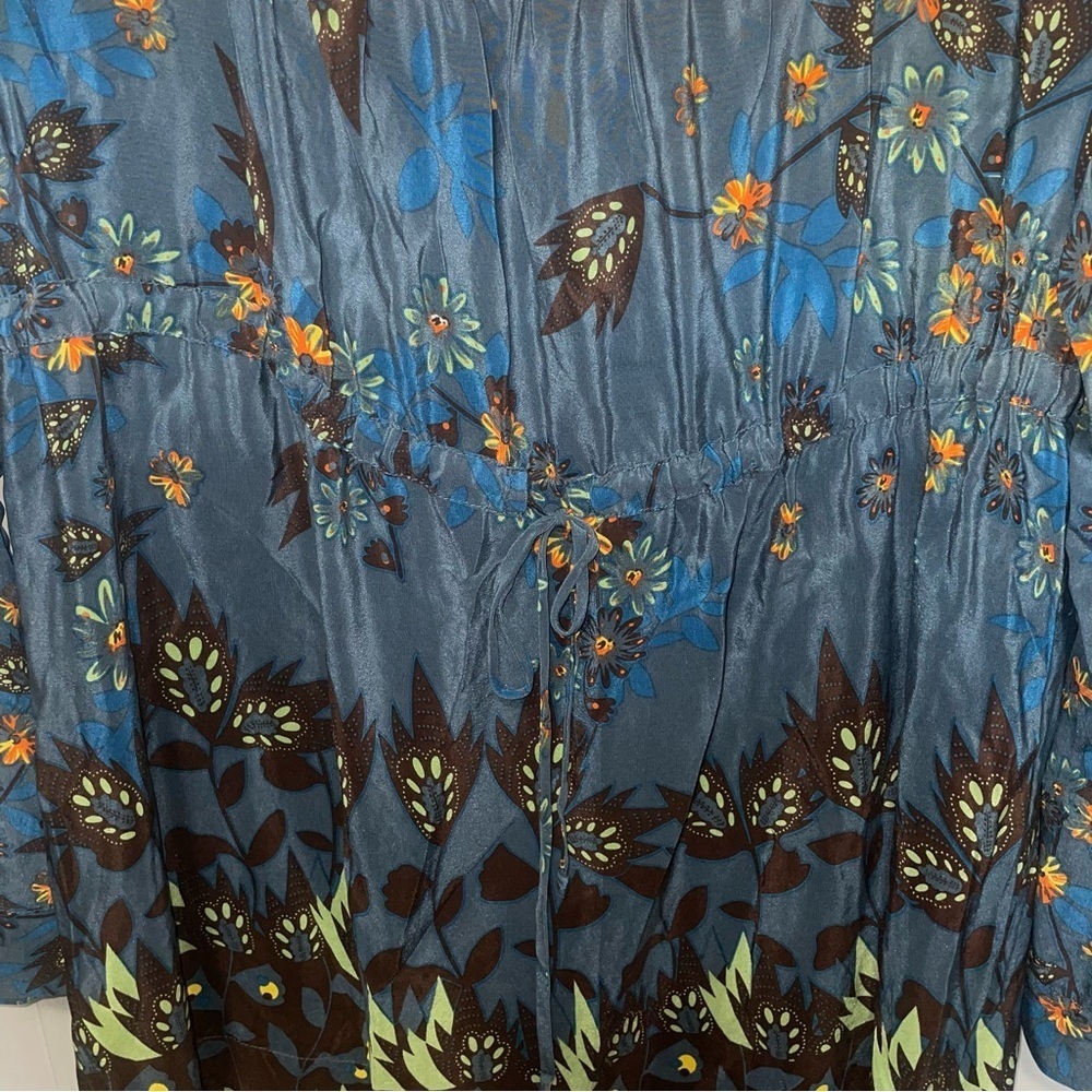 Johnny Was Silk Embroidered Floral Cinch Wait Blouse XS Teal and Brown - Picture 3 of 6